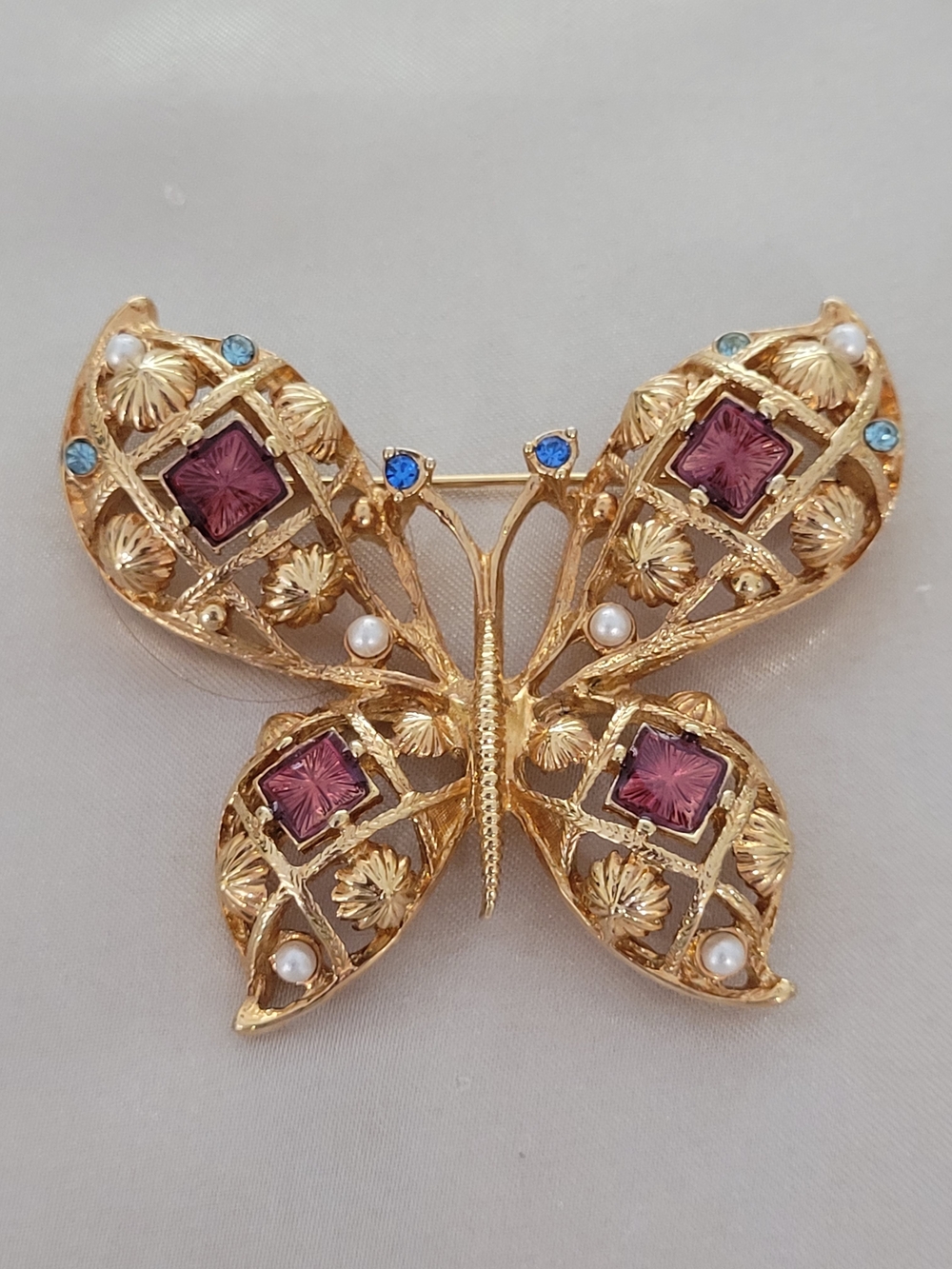 Vintage Gold Butterfly Brooch with Purple Stones and Pearls